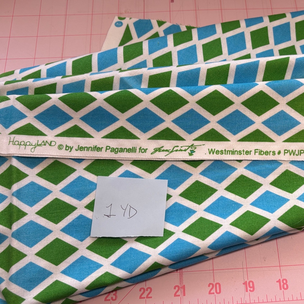 Free Spirit Jennifer Paganelli Blue and Green Diamond Fabric - One Yard- Cotton